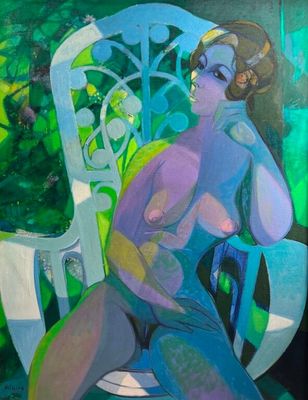an oil painting of a woman sitting on a chair in a garden