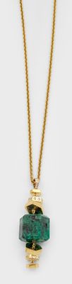 gold plated necklace with a green stone pendant on a gold chain