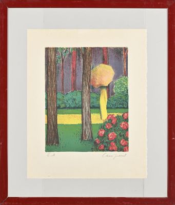 tableau représentant une femme avec un parapluie jaune dans un jardin