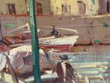 a painting of a man sitting on a bench next to a boat