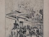 drawing of a man on a horse and a man on a horse in front of a building