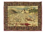 un tapis oriental représentant une femme assise par terre devant une montagne