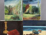 quatre tableaux représentant une scène de plage avec un bateau, un livre, une bougie et un bougeoir