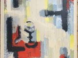 peinture abstraite représentant une chaise rouge et un vase blanc posés sur une table en bois