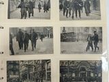 several black and white photos of men walking down a street