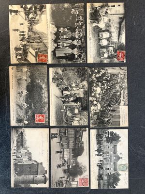 several old black and white photographs of people on a city street