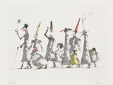 a drawing of a group of people with hats and brooms