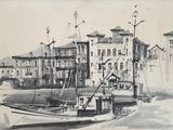 dessin représentant un bateau amarré dans un port, avec un bâtiment en arrière-plan