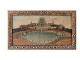 an old painting of a large building with a pool in front of it