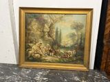une peinture à l'huile représentant un tableau où figure un groupe de personnes dans un décor boisé