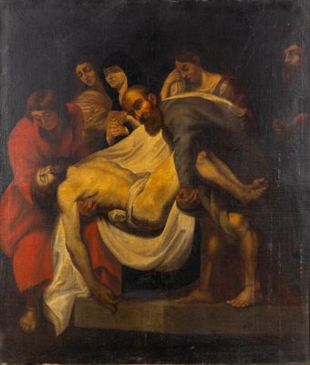 an oil painting of jesus being taken from the cross by other people