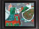 painting of a painting of a city with a red building and a green tree