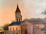 an old painting of a church with a clock tower in the middle of it