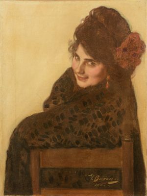 painting of a woman sitting in a chair wearing a leopard print scarf