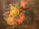 painting of flowers in a vase on a table in a room