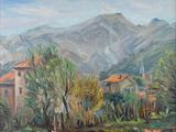 tableau représentant une vue sur une chaîne de montagnes avec une maison au premier plan