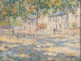 an image of a painting of a street with trees in the foreground