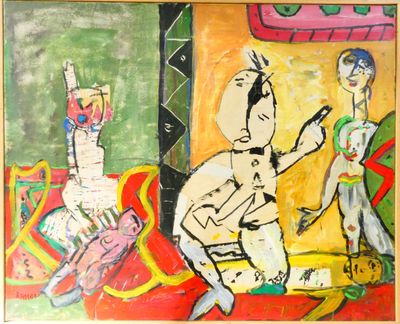 a painting of a man playing a guitar in a living room