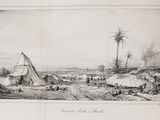 an old book with a drawing of a desert scene and a palm tree
