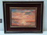 an oil painting of a sunset over a body of water