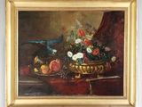 peinture d'une nature morte de fleurs et de fruits sur une table