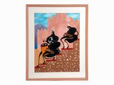 painting of two black cats sitting on a wall playing instruments