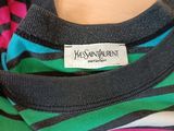 striped t - shirt with black, green, pink, and blue stripes