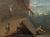 a painting of a group of children playing on the beach