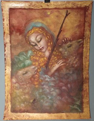 Hélène PERDRIAT (1894-1969) "Femme et moutons" craie grasse …