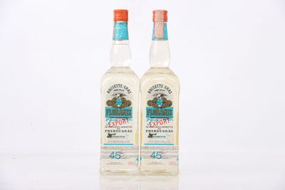 deux bouteilles d'alcool posées sur une surface blanche
