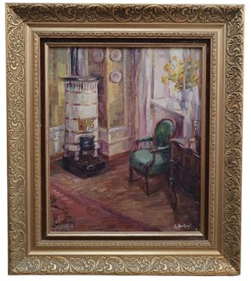 une peinture à l'huile représentant une chaise verte dans une pièce avec une cheminée