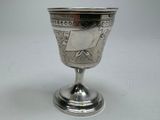 a silver goblet sitting on a table with a white background