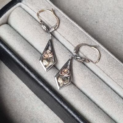 boucles d'oreilles en argent et en or dans un coffret noir sur fond blanc