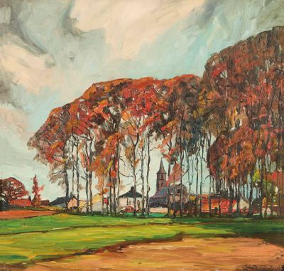 a painting of a field with trees and a barn in the background