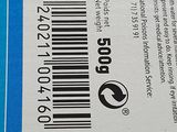 a close up of a blue box with a barcode on it