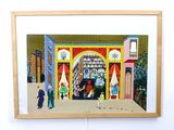 painting of people walking in front of a book store