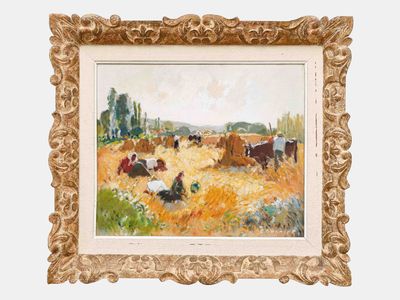 un tableau représentant des vaches paissant dans un champ, dans un cadre doré