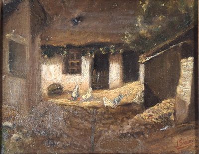 une image représentant un tableau illustrant une scène de ferme avec des poulets et des poulets