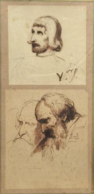 two drawings of a man with a beard and a woman with a goat