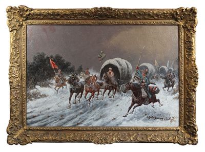 une image d'une peinture représentant un groupe de personnes à cheval