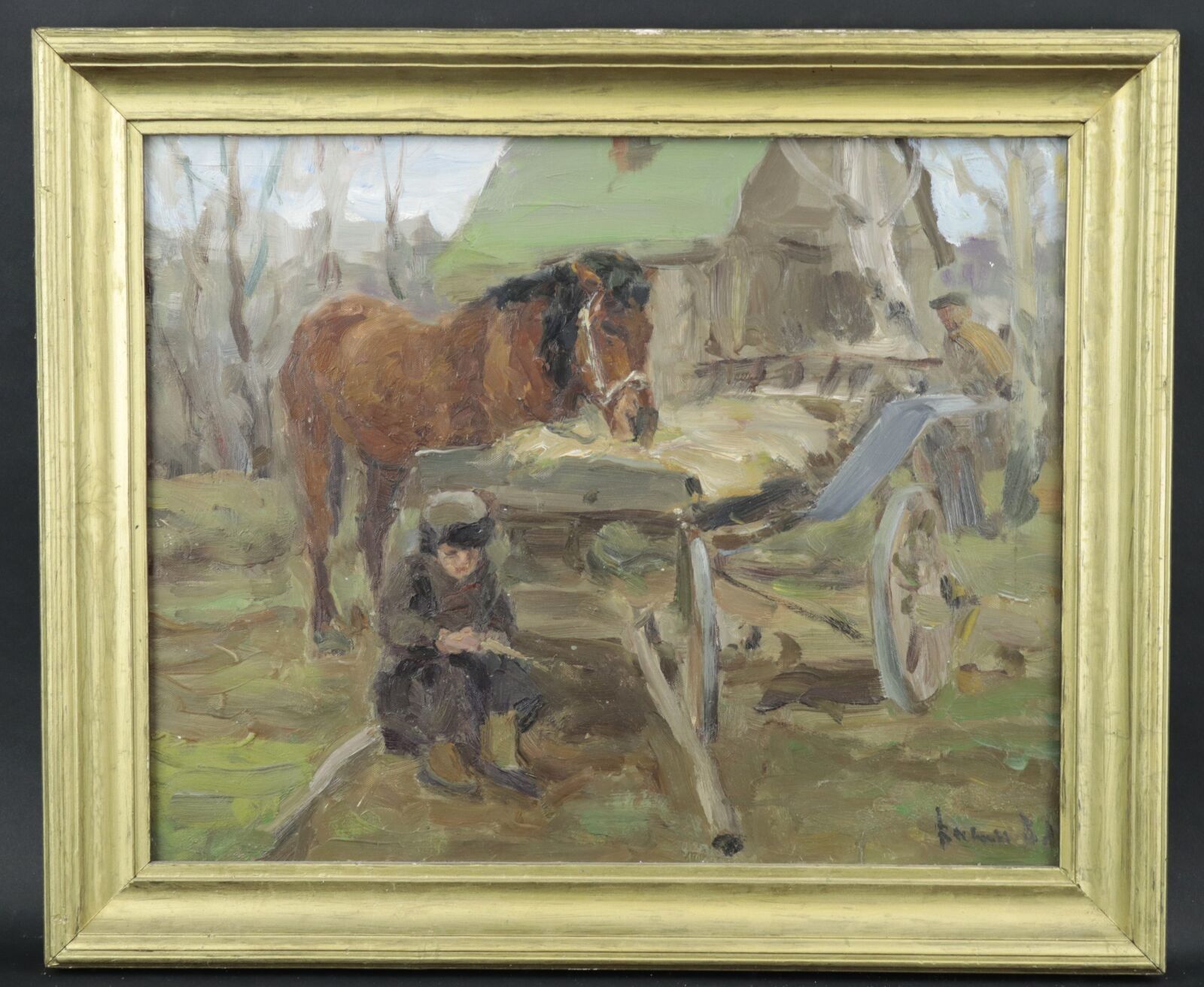 Ecole russe XXe "Enfant près de la charrette", huile sur iso…