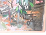 a painting of a man sitting at a table with a tennis racket in his hand