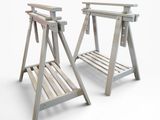 two wooden benches sitting next to each other on a white surface
