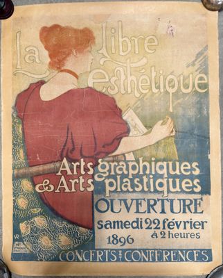 poster of a woman in a red dress sitting on a chair