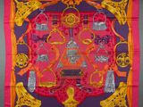 pink and purple silk scarf with gold and red design