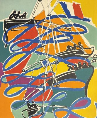 an image of a painting of a boat with people on it