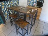 four stools sitting at a table in a room