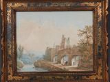 une vieille peinture représentant un château au bord d'une rivière, avec un pont au premier plan