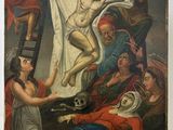 an old painting of a woman being nailed to a cross