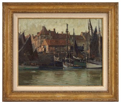 an image of a painting of boats in a harbor with buildings in the background